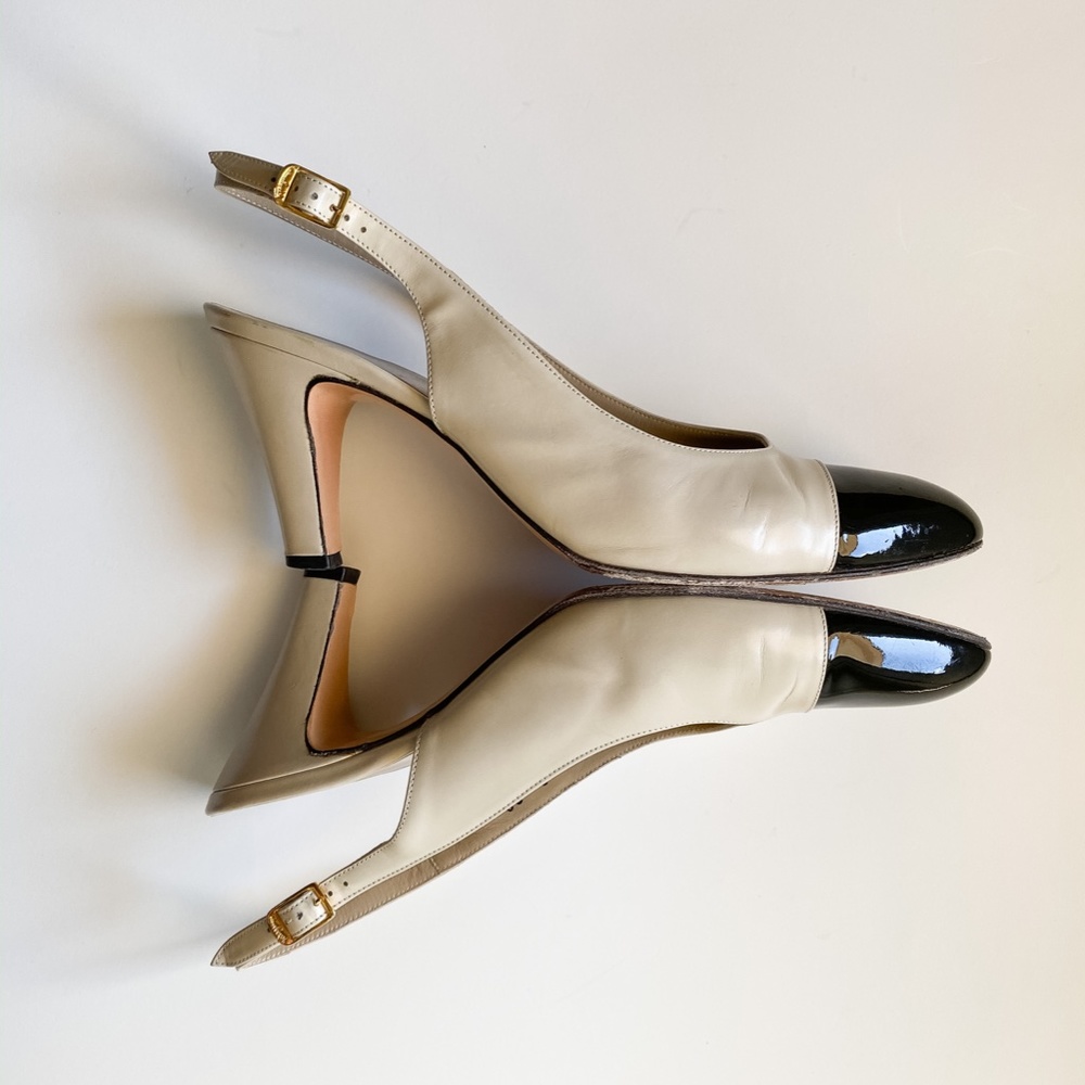 Salvatore Ferragamo Cream and Black Cap Sling Back
